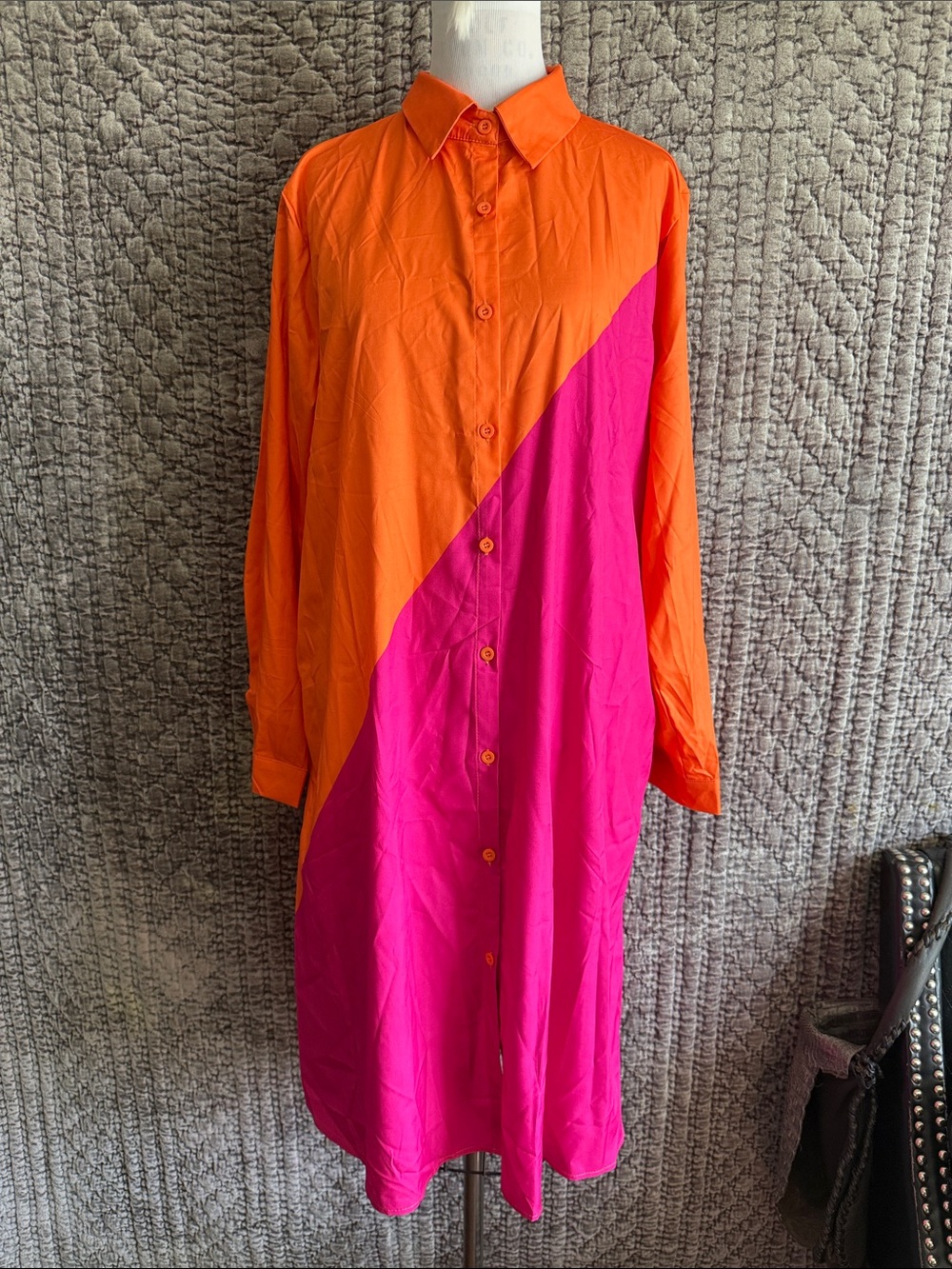 Colorblock Long-Sleeve Shirt Dress in Orange and Hot Pink